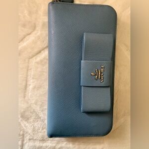 Prada Blue Textured Zip Around Wallet